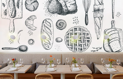 Rustic Kitchen Sketches Wallpaper Mural in dining area