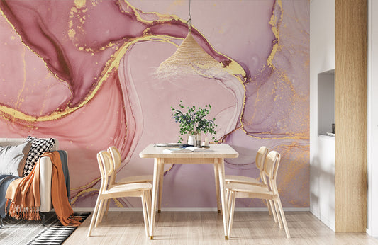 Mural Room Wallpaper with a Golden Pink Marble Pattern