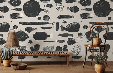 Chic Monochrome Oceanic Life Mural Wallpaper