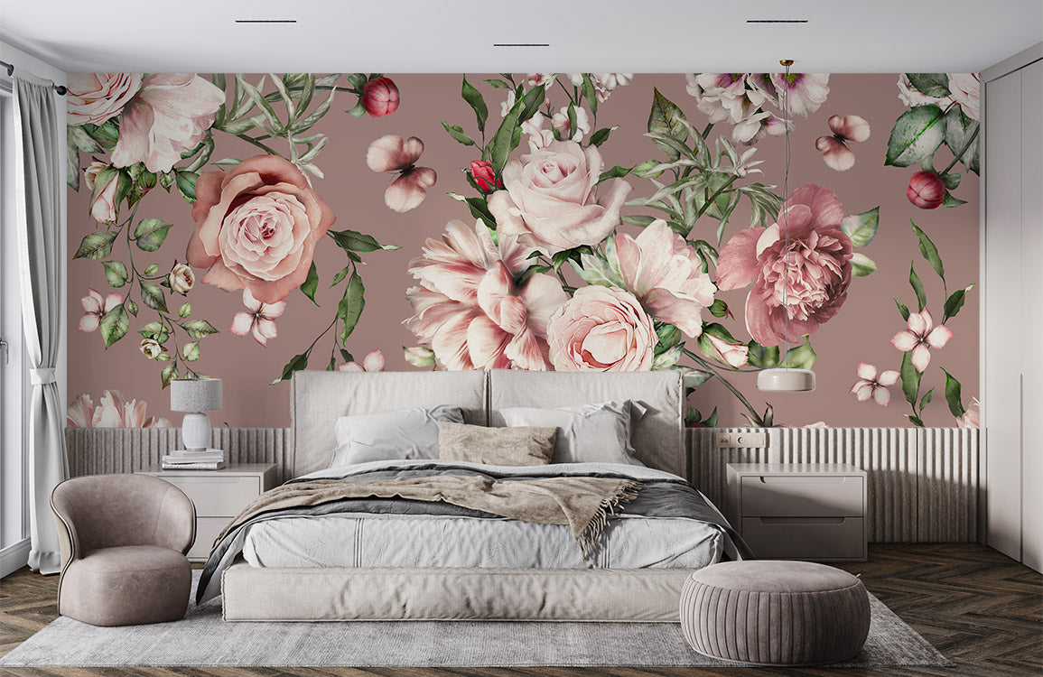 Room Wallpaper Mural with Pink Flower Bushes
