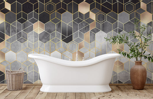 Wallpaper with a Marble Tile Effect and a Geometric Pattern Mural