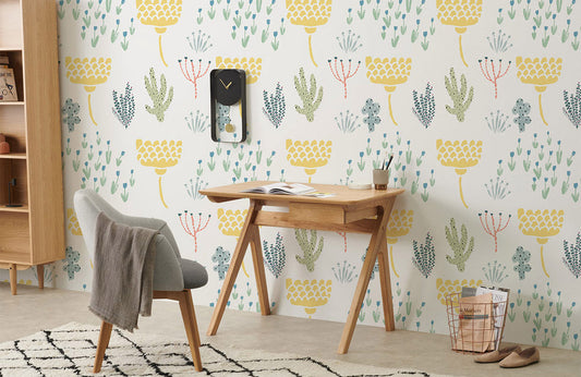 Wallpaper mural with a repeating pattern of pastel plants, ideal for use in home decor