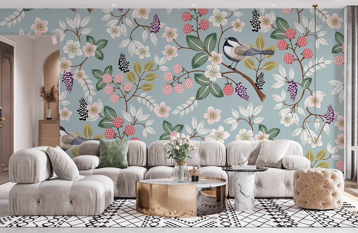 Wallpaper Mural with Birds on Blooming Branches for Room Decor