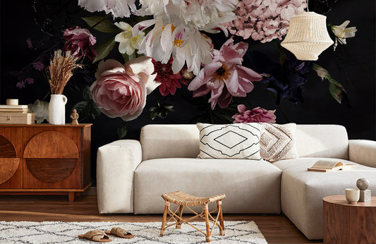 Living room mural wallpaper featuring a flower motif