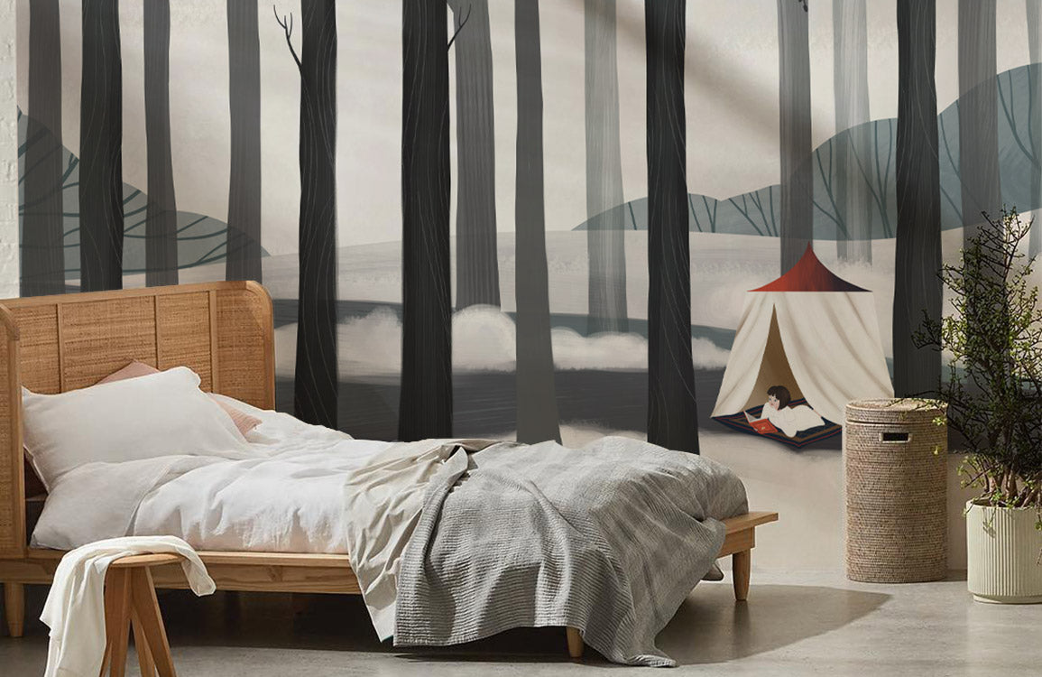 Wallpaper Mural for Interior Design Featuring a Woman Reading in the Woods