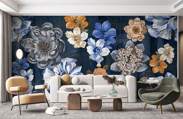 Navy Blue Floral Botanical Mural Wallpaper