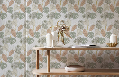 Tropical Leaf Pattern Neutral Mural Wallpaper in living room