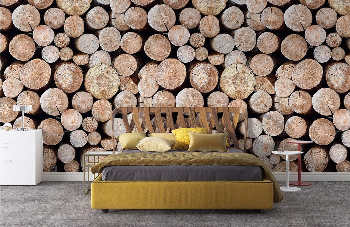 Rustic Wood Log Stack Mural Wallpaper