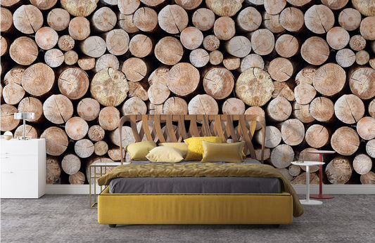 Rustic Wood Log Stack Mural Wallpaper in bedroom