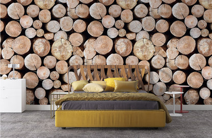Rustic Wood Log Stack Mural Wallpaper in bedroom
