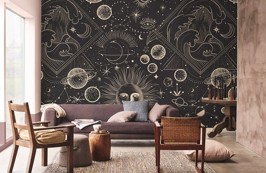 Wallpaper mural with a pattern of planet signs, perfect for use as home decor