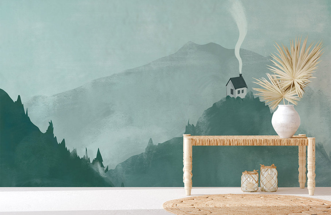 wallpaper mural depicting a home on a mountaintop