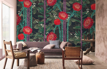Emerald Botanical Red Floral Mural Wallpaper in living room