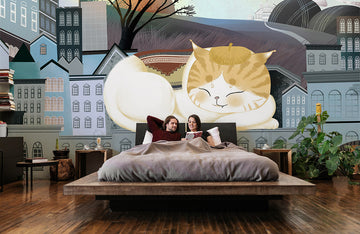 Whimsical Cat Cityscape Illustrated Mural Wallpaper
