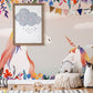 Wallpaper mural featuring unicorns and other animals, perfect for use in nurseries or playrooms.