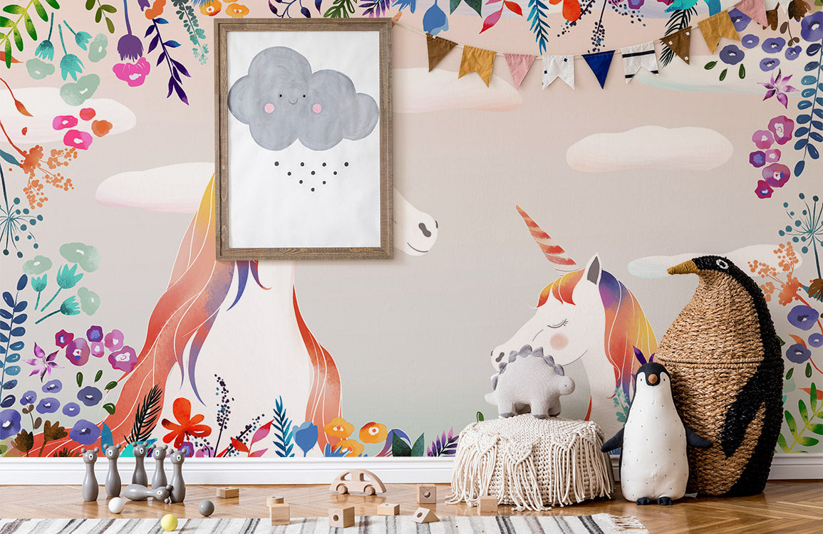 Wallpaper mural featuring unicorns and other animals, perfect for use in nurseries or playrooms.