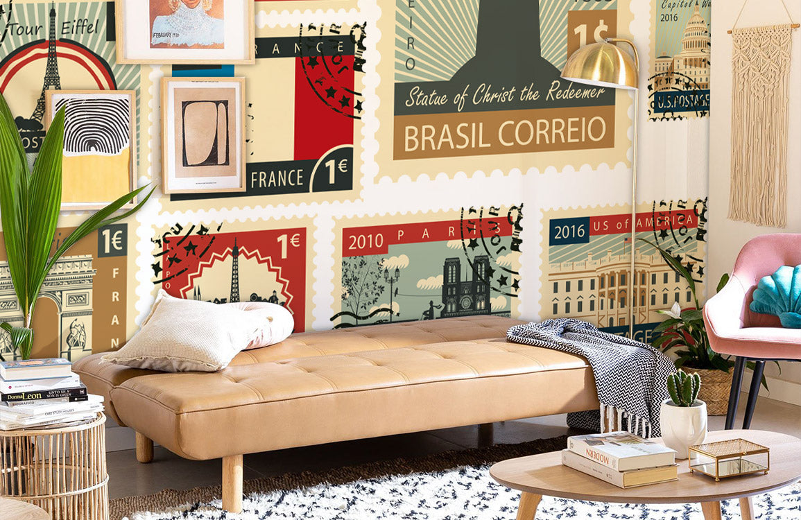 Vintage Travel Stamp Feature Mural Wallpaper