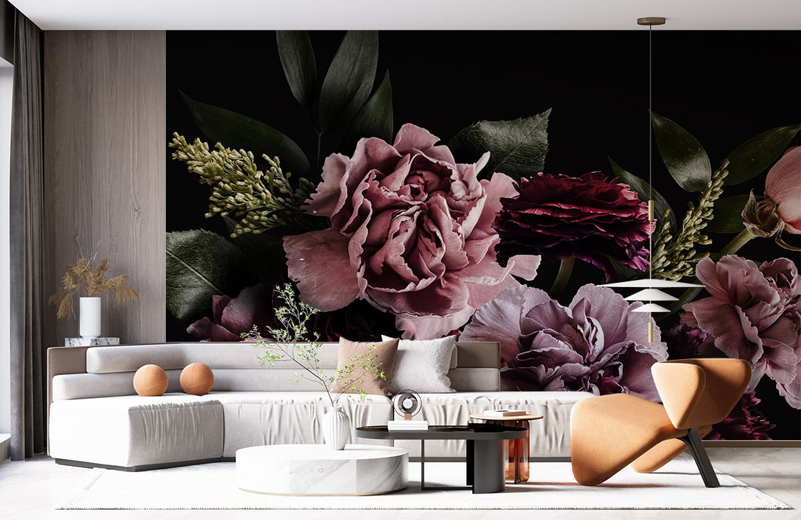 Wallpaper mural with a dark flower bouquet design, perfect for use as home decor