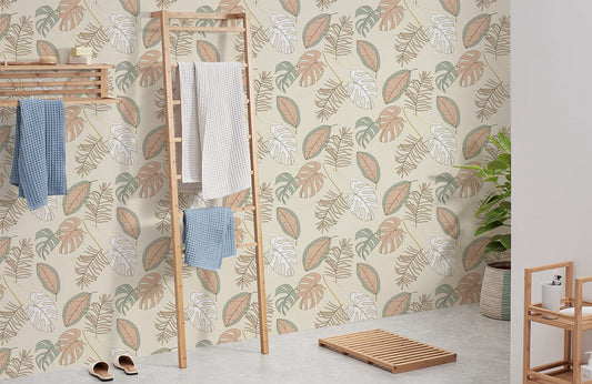 Botanical Leaf Pattern Neutral Mural Wallpaper