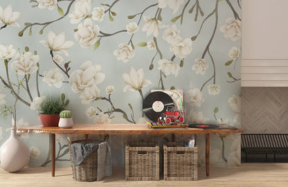 Elegant Magnolia Floral Mural Wallpaper in living room