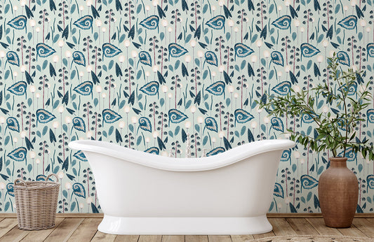 Mural Room Wallpaper Featuring a Blue Petal Flower Design.