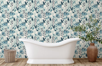 Blue Botanical Leaf Pattern Mural Wallpaper