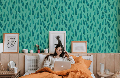 Teal Abstract Leaf Pattern Mural Wallpaper in bedroom
