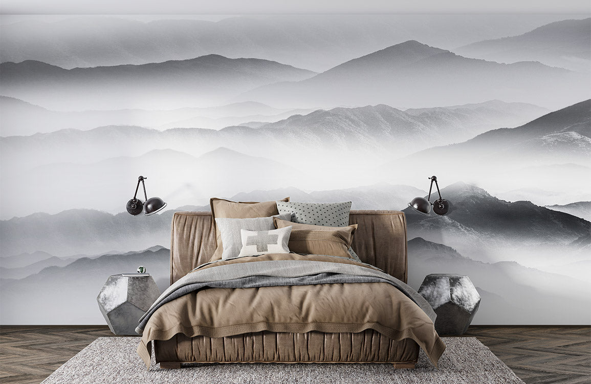 bedroom with a painting depicting a misty mountain landscape