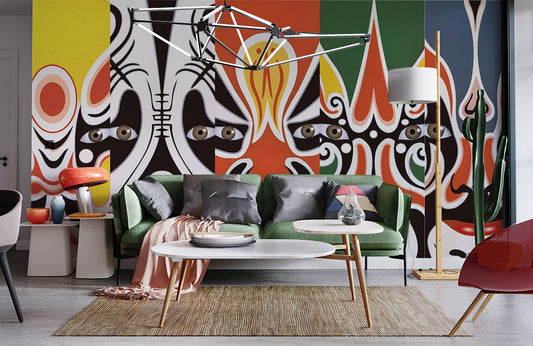 Wallpaper mural with a Chinese Opera Mask Pattern for Home Decoration
