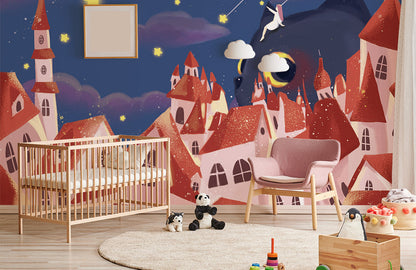 Enchanted Fairytale Town Starry Night Mural Wallpaper in nursery