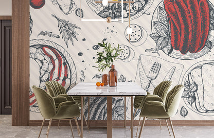 Restaurant Wallcovering Depiction of Dinner Food