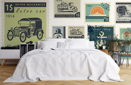 Vintage Stamp Collage Feature Mural Wallpaper in bedroom