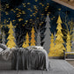 Wallpaper in the room is a golden forest mural.
