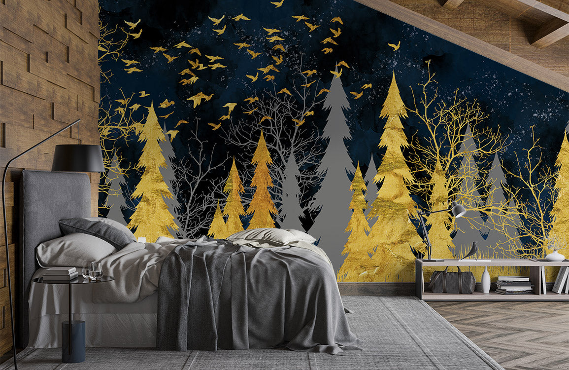 Wallpaper in the room is a golden forest mural.