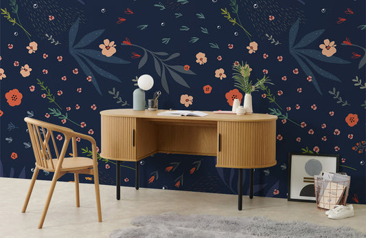Wallpaper mural with a dark blue leaf pattern located in the room