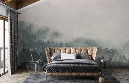 Mural Wallpaper of a Smoky and Misty Forest, Suitable for Home Decoration