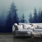 Wallpaper with a mural depicting a smokey and misty forest.