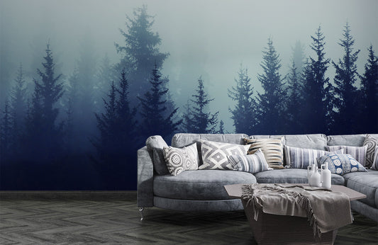 Wallpaper with a mural depicting a smokey and misty forest.