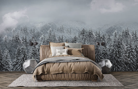 Winter Forest Snowscape Mural Wallpaper in bedroom