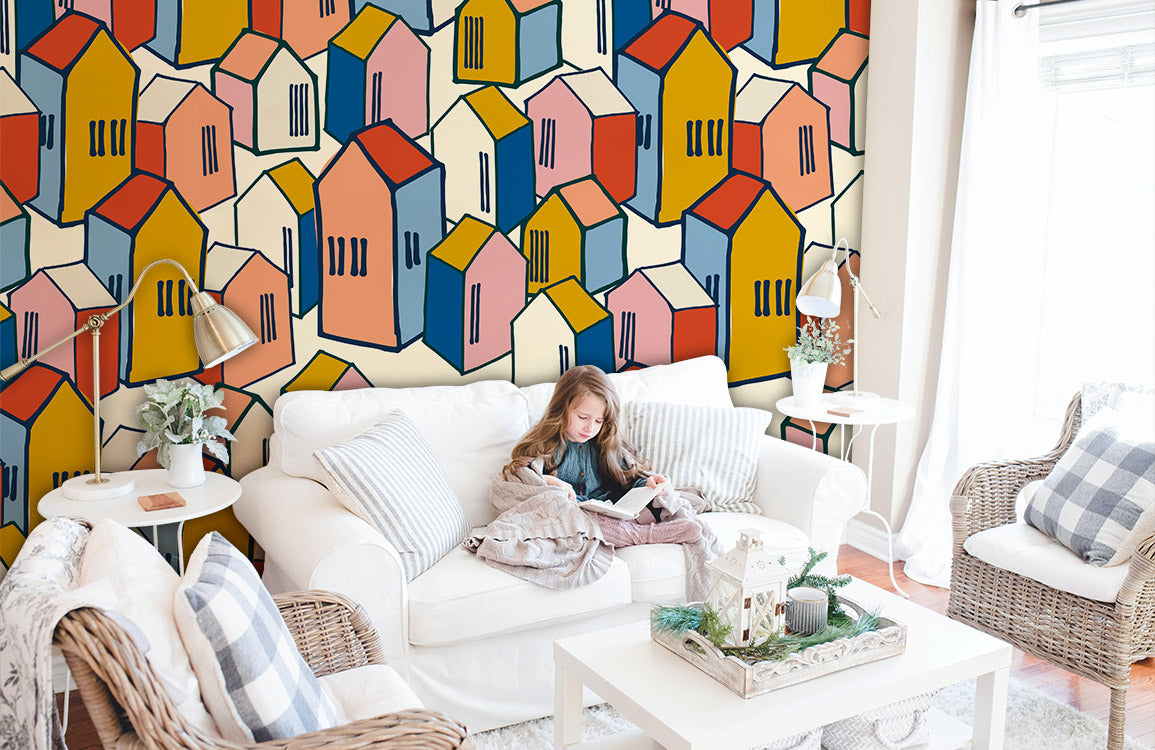 Coloured House Pattern Wallpaper Mural Room