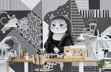 Eclectic Cat Montage Black White Mural Wallpaper