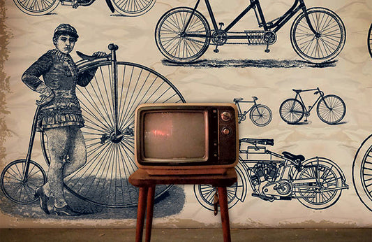 Home Decoration Featuring an Industrial Wallpaper Mural Depicting the Bicycle Revolution