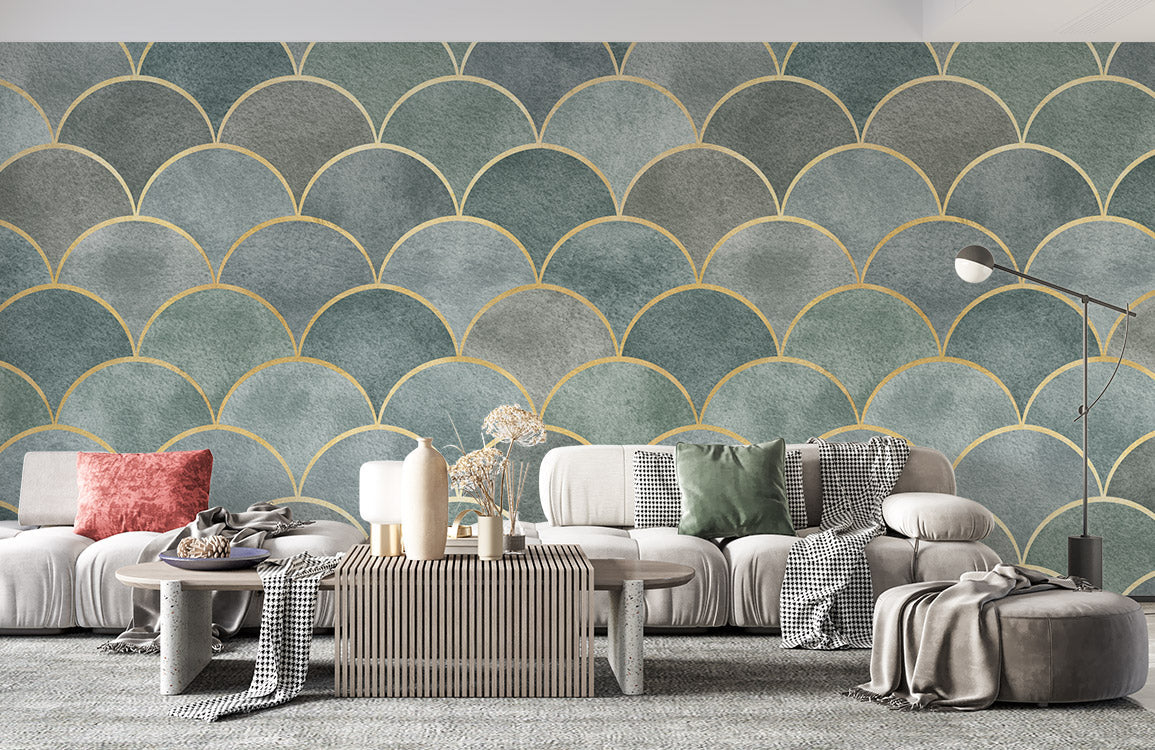Wall mural design featuring an ombre green arch allure pattern for interior decorating