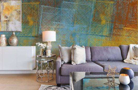 Abstract Geometric Blue Orange Mural Wallpaper in living room