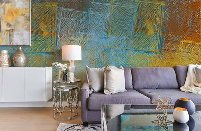 Abstract Geometric Blue Orange Mural Wallpaper in living room