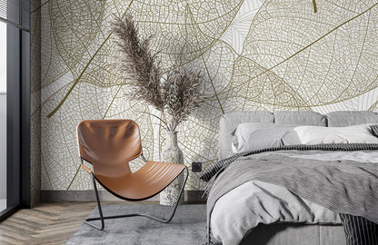 Gold Leaf Skeleton Detailed Mural Wallpaper in bedroom