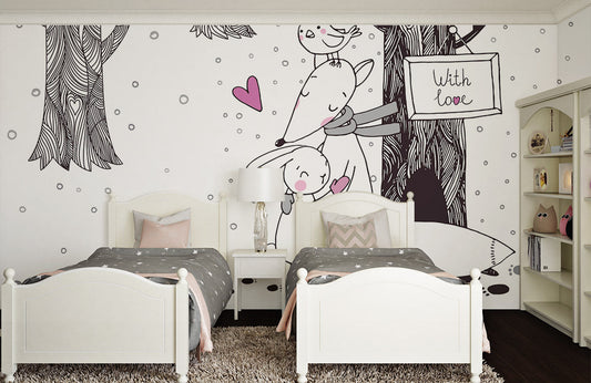 Whimsical Forest Animal Love Mural Wallpaper in bedroom