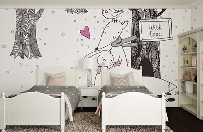 Whimsical Forest Animal Love Mural Wallpaper in bedroom