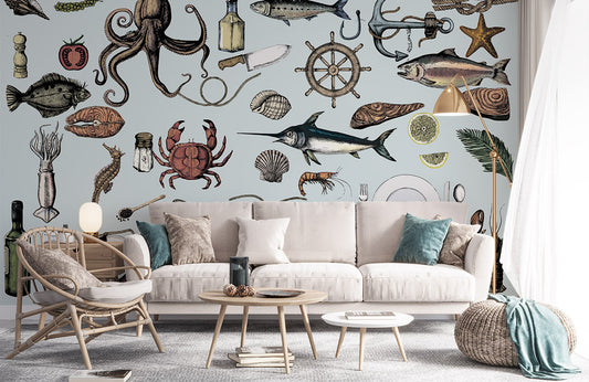Ocean Room with Fish and Drinks Printed on Wallpaper Mural