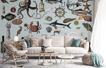 Nautical Sea Life Illustration Mural Wallpaper